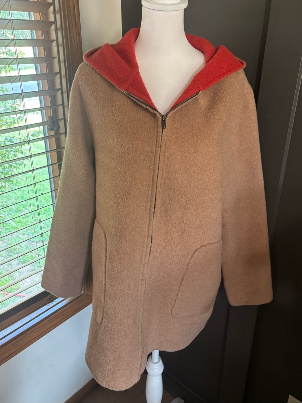 Adrienne Vittadini Wool Blend Hooded Coat Tan Coral Red Size L